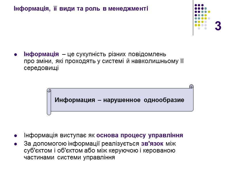 3 Інформація, її види та роль в менеджменті Інформація – це сукупність різних повідомлень